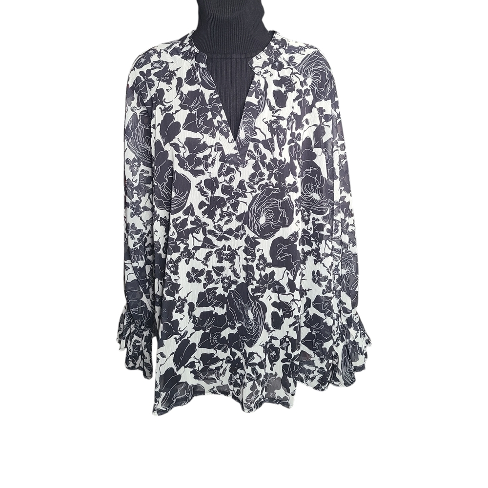 🔥Sale -  Black and White Floral Ruffled Blouse with Mandarin Collar 2XL